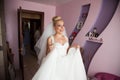 Amazing elegance cute stilysh blonde bride is posing on the bac