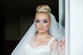 Amazing elegance cute stilysh blonde bride is posing on the bac