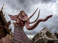 Amazing Elephant Divinity and Himmapan Mythical Creature with dramatic sky at Wat Bandensali buddhist temple in Thailand