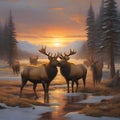 Amazing elks at sunset. generative AI