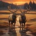 Amazing elks at sunset. generative AI