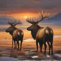 Amazing elks at sunset. generative AI