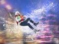 Amazing emotional portrait of a girl in a fantastic whirl of snow. Christmas hat, gifts in hands.