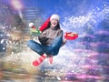 Amazing emotional portrait of a girl in a fantastic whirl of snow. Christmas hat, gifts in hands.