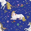 Vector endless texture with lovely white unicorns around stars, hearts, constellations, crystals on blue background Royalty Free Stock Photo