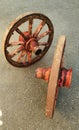 Amazing engineering: 19th century wheels perfectly balanced stand upright although the wheel hubs have different geometries Royalty Free Stock Photo