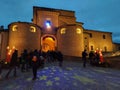 Amazing entry to the medieval castle of Monbaroccio at Christmas time, Italy