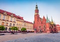 Amazing evening cityscape of Wroclaw, Market Square with Town Hall. Stunning summer scene of historical capital of Silesia, Poland