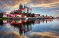 Amazing evening Scene. Dramatic autumn sunset on Elbe river. Wonderful View on Albrechtsburg castle and cathedral on the River