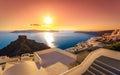 Amazing evening view of Fira, caldera, volcano of Santorini, Greece. Royalty Free Stock Photo