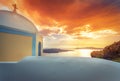 Amazing evening view of Fira, caldera, volcano of Santorini, Greece.