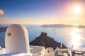 Amazing evening view of Fira, caldera, volcano of Santorini, Greece. Royalty Free Stock Photo