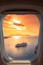 Amazing evening view of Fira, caldera, volcano of Santorini, Greece with cruise ships at sunset.