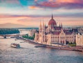 Amazing evening view of Parliament house. Stunning spring cityscape of Budapest.