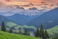 Amazing evening view of St. Magdalena village, Funes Valley Villnob with Odle Group mountains on background, Dolomiti Alps,