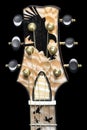 Amazing example of woodworking artistry - ebony bird inlay on flamed maple guitar headstock Royalty Free Stock Photo