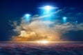 Amazing fantastic background - ufo with blue spotlights Royalty Free Stock Photo