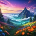 Amazing Fantasy Flower Forest on Mysterious Mountain Background Realistic Concept Art Background digital painting for