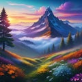 Amazing Fantasy Flower Forest on Mysterious Mountain Background Realistic Concept Art Background digital painting for