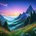 Amazing Fantasy Flower Forest on Mysterious Mountain Background Realistic Concept Art Background digital painting for