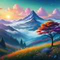 Amazing Fantasy Flower Forest on Mysterious Mountain Background Realistic Concept Art Background digital painting for