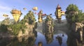 Amazing fantasy flying village 3d illustration and overgrown rocks