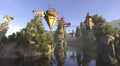 Amazing fantasy flying village 3d illustration and overgrown rocks