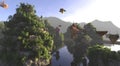 Amazing fantasy flying village 3d illustration and overgrown rocks