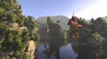 Amazing fantasy flying village 3d illustration and overgrown rocks