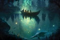 Amazing fantasy landscape of a lake with a sailing boat. Neural network AI generated