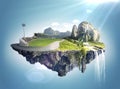 Amazing fantasy scenery with floating islands and water fall