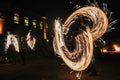 Amazing fire show at night at festival or wedding party. Fire da Royalty Free Stock Photo