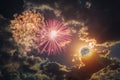 Amazing fireworks with the full moon in a dark night Royalty Free Stock Photo