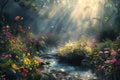 amazing flower landscape with ray of light, AI generated Royalty Free Stock Photo