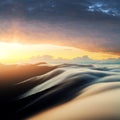 Amazing flowing morning fog in spring mountains