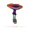 Amazing fly agaric sticker. Stylized image of a psilocybin mushroom. A drawing of a hallucinogenic mushroom in acidic colors.