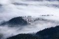 Amazing foggy autumn day. Landscape with high mountains. Forest of the pine trees. The early morning mist. Touristic place. Royalty Free Stock Photo