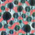 Amazing forest seamless pattern with cartoon trees silhouettes.