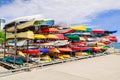 Amazing fragment of view of stylish sport canoe colorful boats background at waterfront