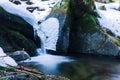 amazing frozen little waterfall with snow and ice