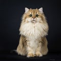 Amazing full coated fluffy golden British Longhair cat kitten,Isolated on black background.