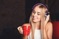 Amazing Girl Drinking Coffee And Listening Her Favorite Song Royalty Free Stock Photo