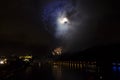 Amazing golden and purple firework celebration of the new year 2015 in Prague with the historic city in the background Royalty Free Stock Photo