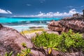 Amazing granite boulders in the jungle of Anse Source d`Argent on La Digue Island, Seychelles Royalty Free Stock Photo