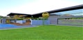 Amazing green lawn under the blue sky in the shadow side of the contemporary suburban house with pool. 3d rendering