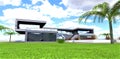 Amazing green meadow in front of the stunning design house under the cloudy blue sky. 3d rendering