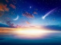 Falling comet, rising crescent moon and stars