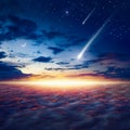 Amazing image with beautiful glowing sunset, shooting stars, rising crescent moon and bright stars Royalty Free Stock Photo