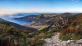 Amazing high angle panoramic view of Komiza town facing Adriatic Sea taken from Island Vis Croatia Royalty Free Stock Photo