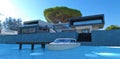 Amazing high-tech house on the lake. The white boat is waiting at the pier. Sun glare on the water. Blue sunny sky. 3d render. Royalty Free Stock Photo